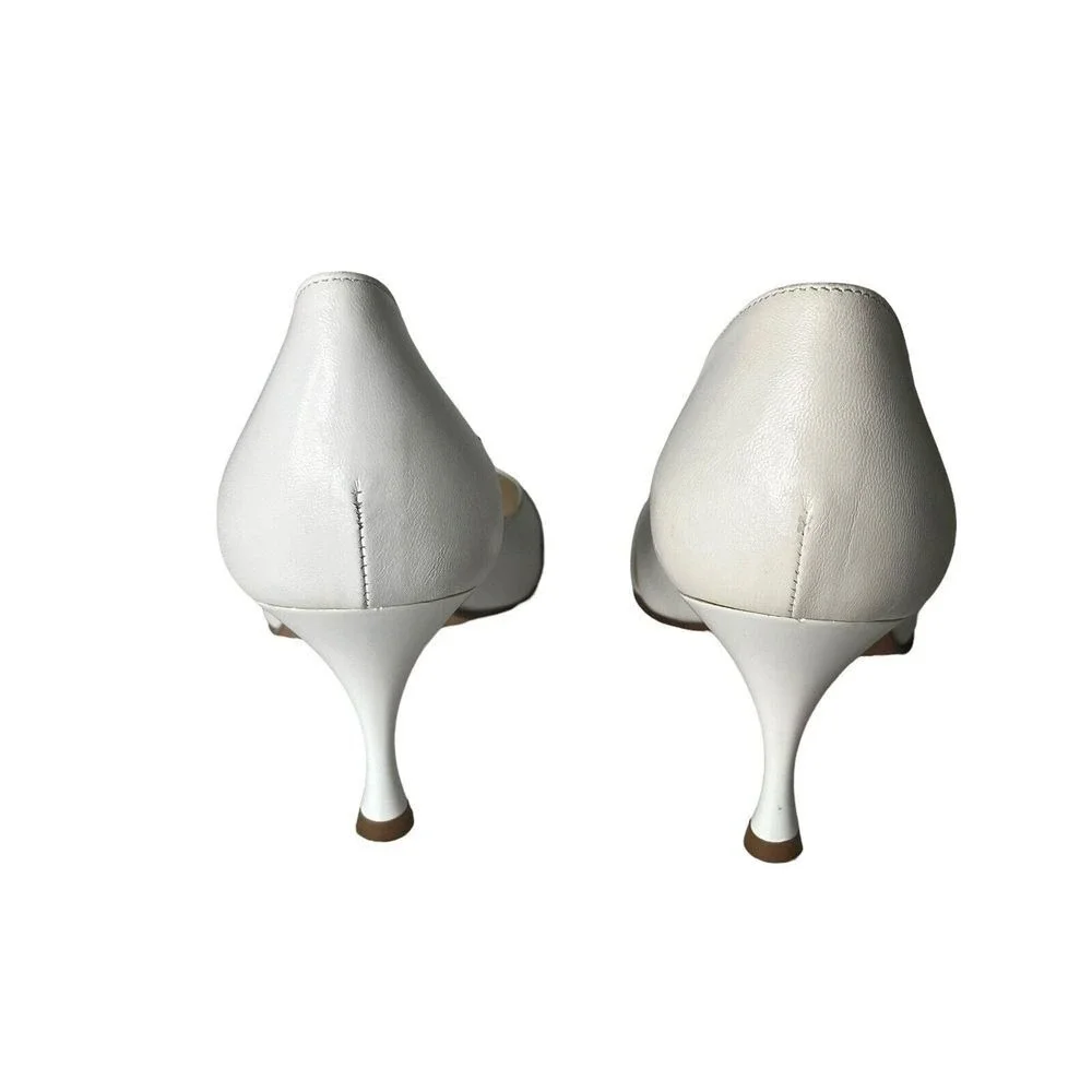 Lindsay‎ Perry Made in Italy White Leather Pointed Toe Heels Rhinestone 6 /36.5